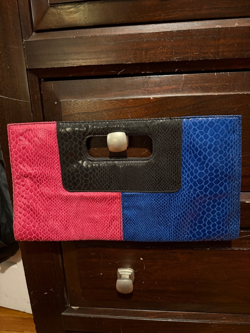Colorblock Pink & Blue Faux-Snakeskin Clutch with Black Handle